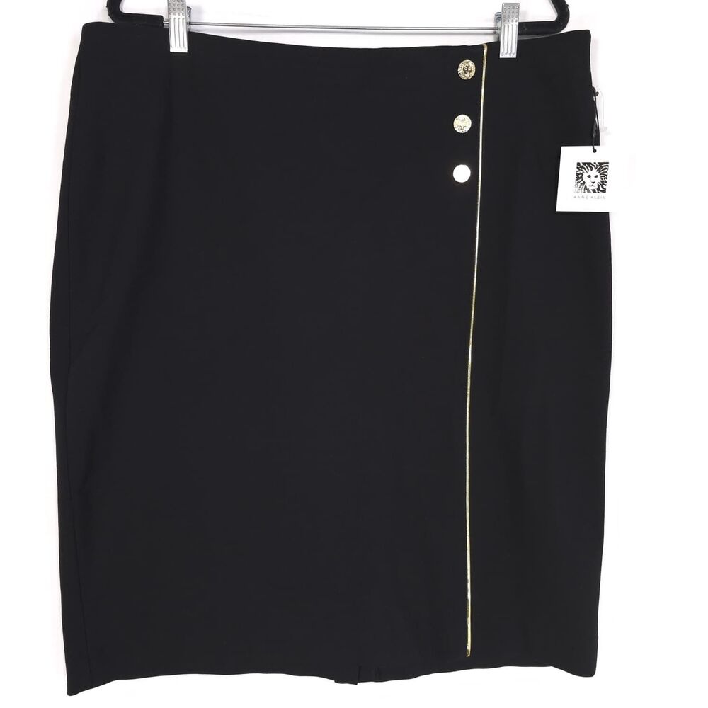 ANNE KLEIN New Black Pencil Skirt Gold Buttons Zip‎ XL Stretch Knee Lenght